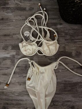 Andrea Iyamah Ivory Two-Piece Bikini Set with Wood Bead Accents